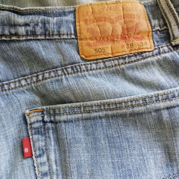 Levi's 505 Jeans 36 x 34 RED TAB High Waist Blue Denim Soft Distressed Holes Zip - Picture 3 of 14